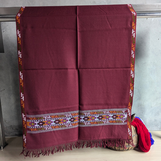 Hand Woven Pure Merino Wool Kullu Stole- Maroon (Extra Border)