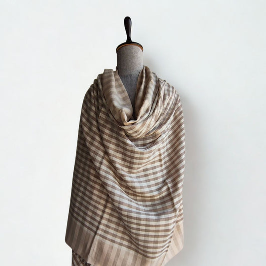 Mens Pashmina + Wool Check Shawl Taupe Grey+ Cream