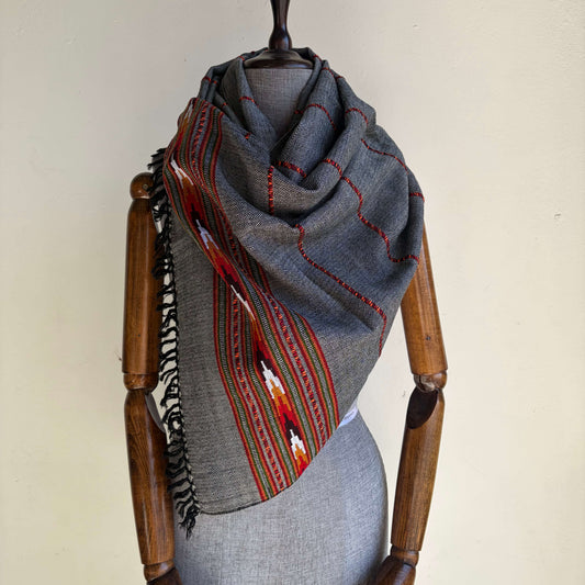 Hand Woven Nylon + Wool Kullu Stole- Black + White