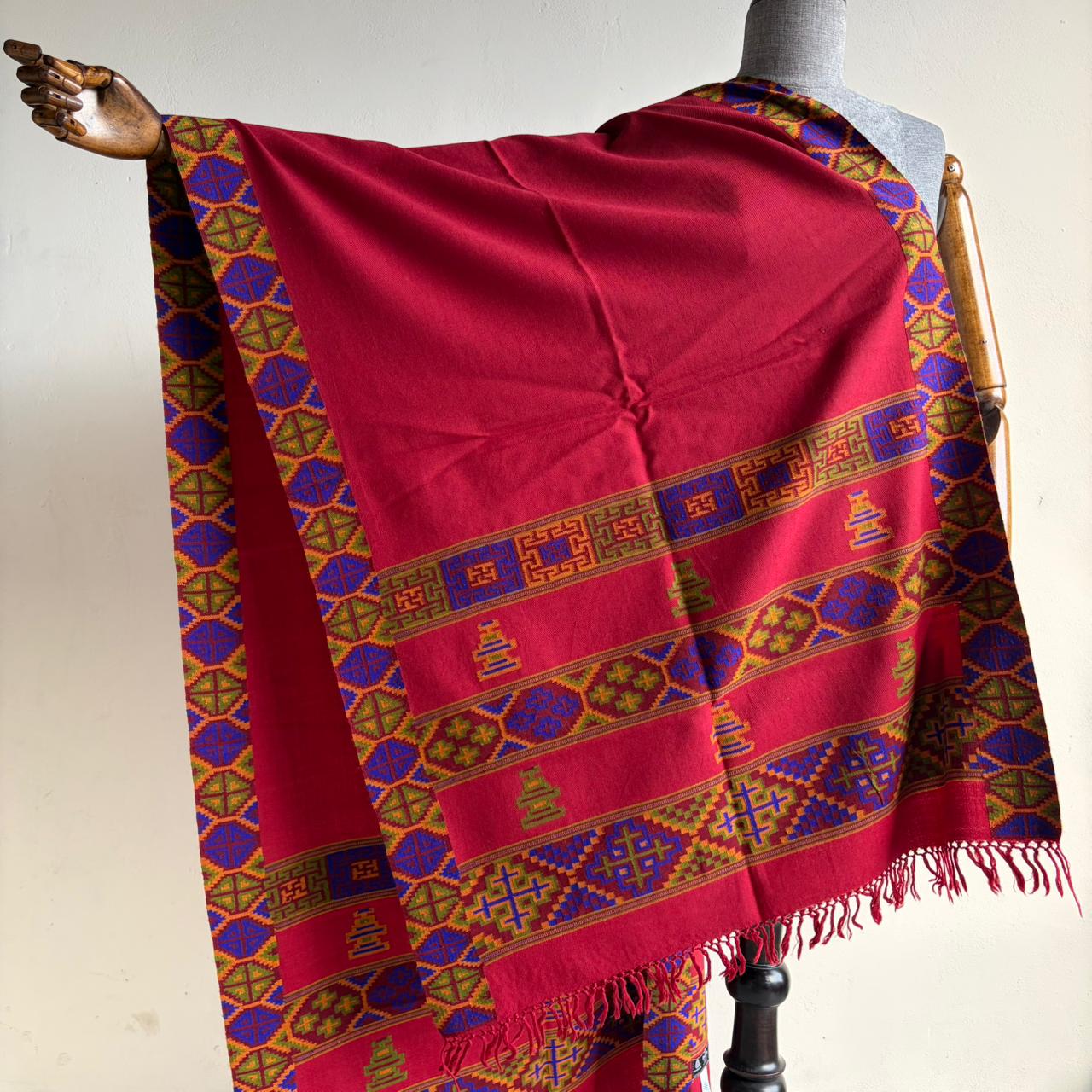 Hand Woven Pure Merino Wool Kullu Stole Kinnauri Design Marron