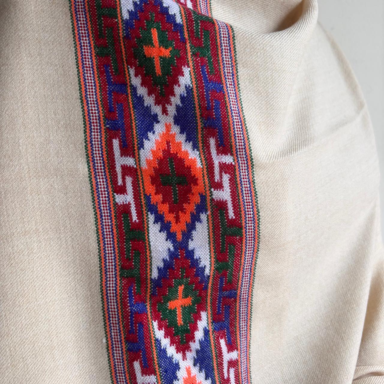 Traditional Kullu patti Merino Wool shawl- Beige