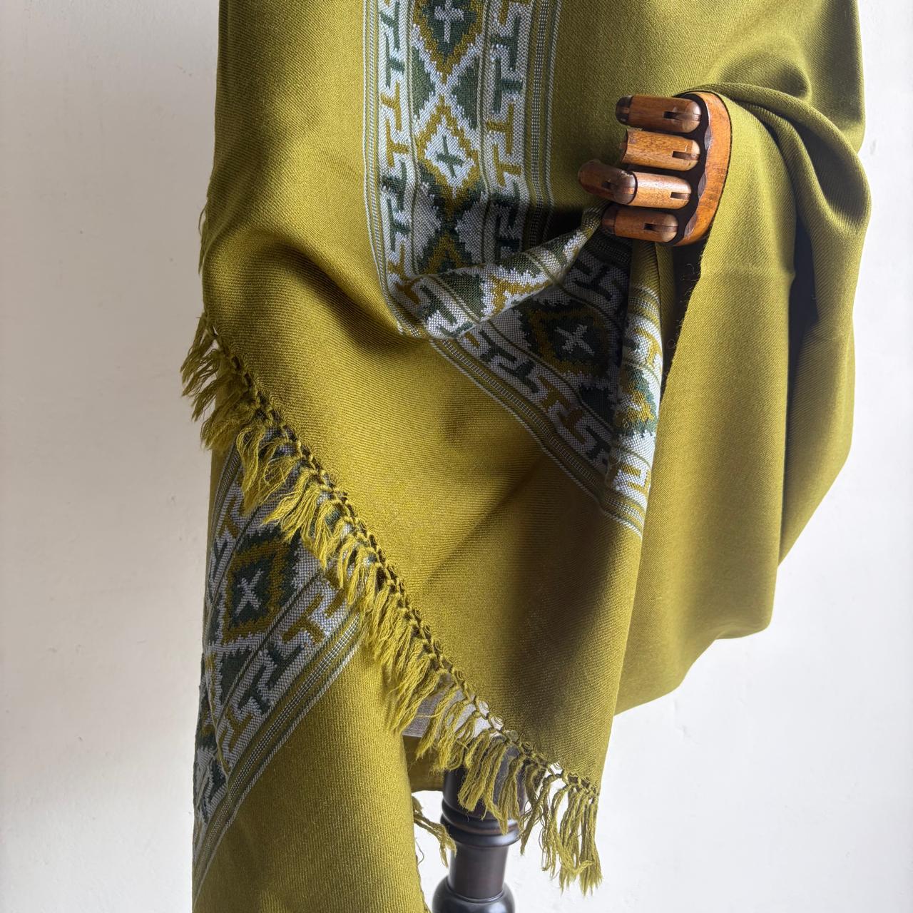 Traditional Kullu patti Merino Wool shawl- Olive Green