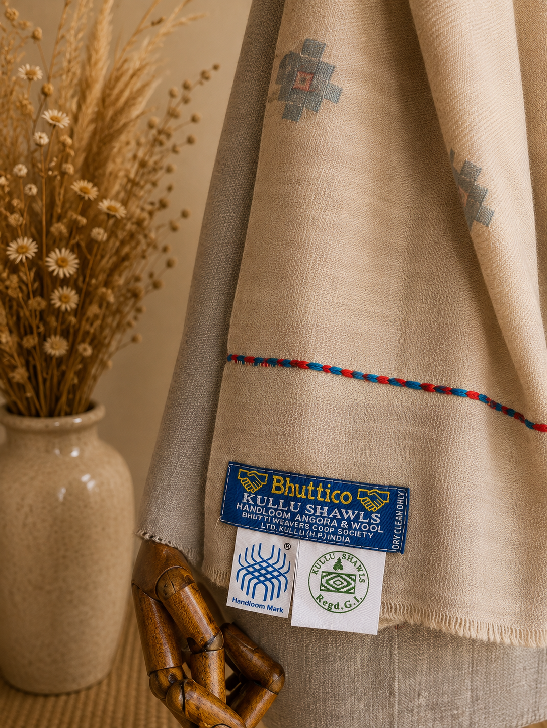 Handwoven Ivory Bloom Kullu shawl in angora and wool blend, ivory - styled view