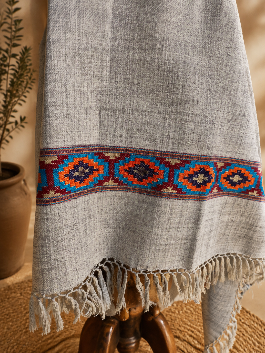 Handwoven Grey Valley diamond weave Kullu shawl in polywool, grey - folded view