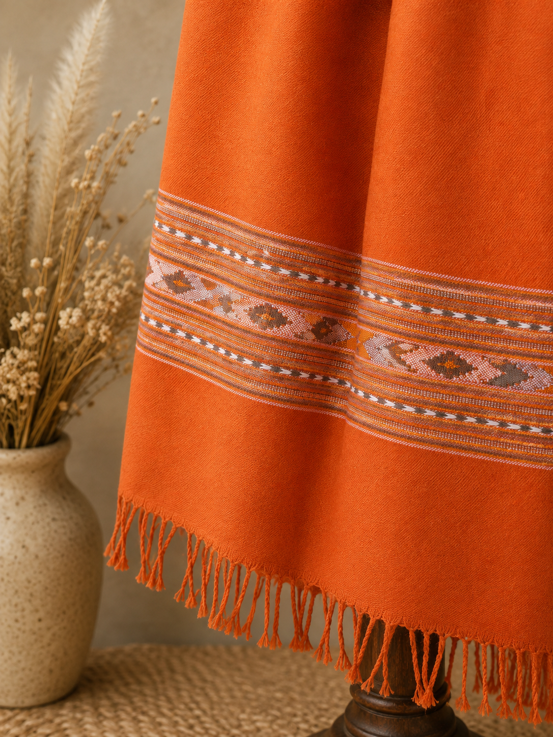 Handwoven Heritage Border Kullu shawl in pure merino wool - folded view