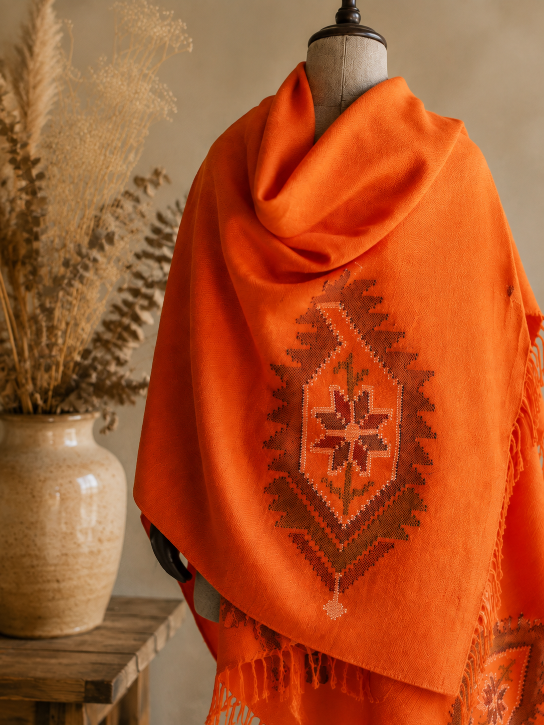 Handwoven Marigold Crest Kullu shawl in pure merino wool, orange - folded view