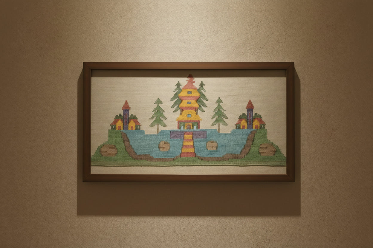 Handwoven wool wall art, Temple by the Lake - detail view
