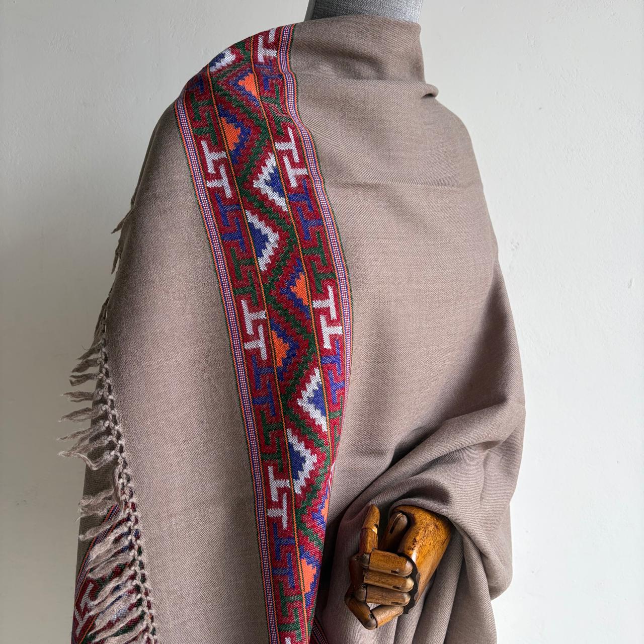 Traditional Kullu patti Merino Wool shawl- Taupe Grey