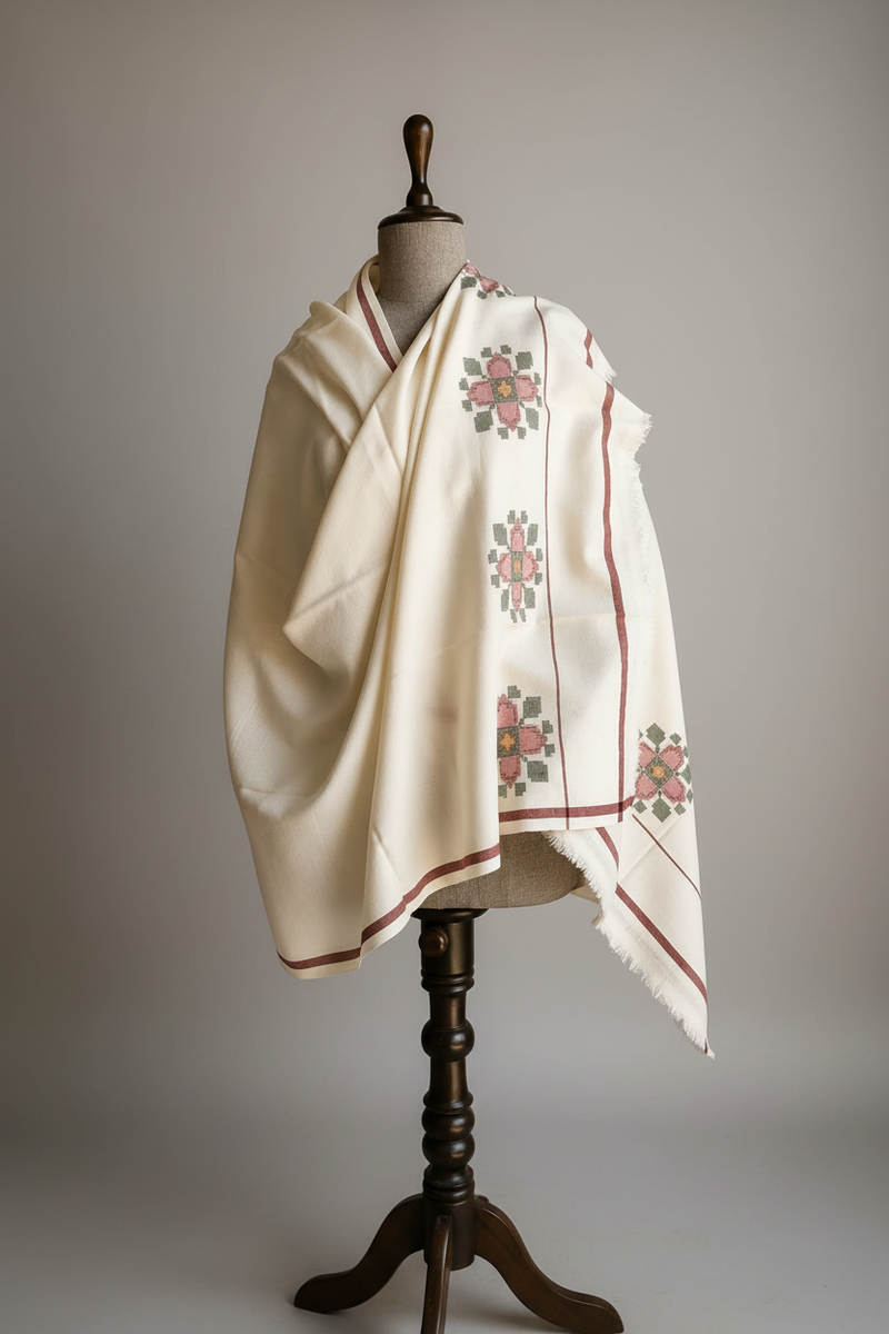 Handwoven Crimson Blossom medallion Kullu shawl in pure merino wool, white - front view