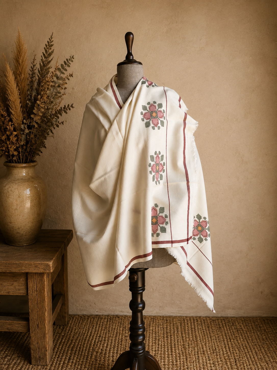 Handwoven Crimson Blossom medallion Kullu shawl in pure merino wool, white - front view