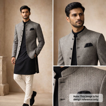 Pure Merino Wool Herringbone Fabric - Solid Grey