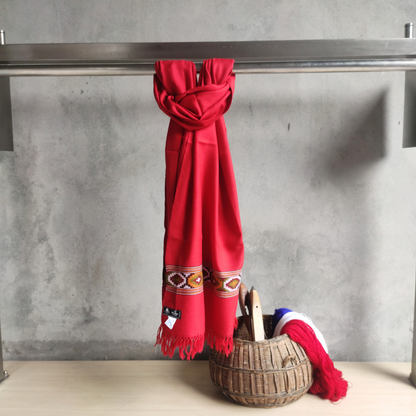 Women's Hand Woven Polywool Kullu Stole (Red)- Kullu pattern