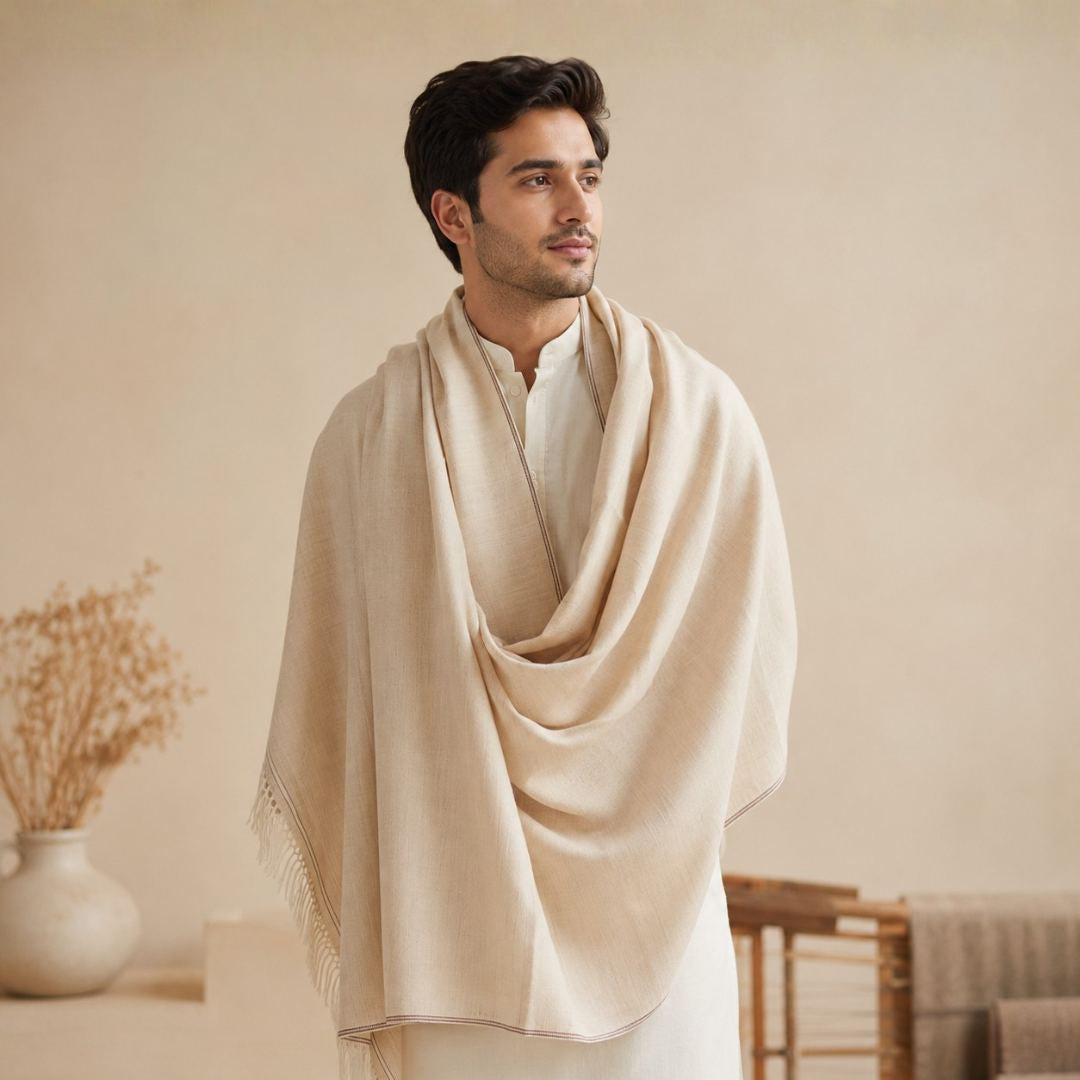 Mens Pure Wool Kanni Shawl Beige