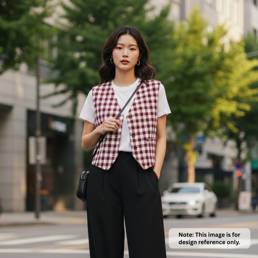 Pure Merino Wool Checkered Twill Fabric - Maroon & Off-White
