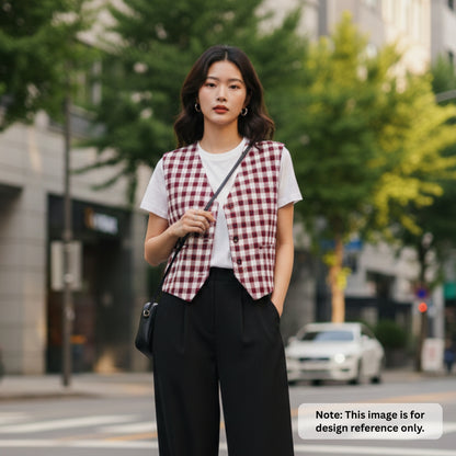 Pure Merino Wool Checkered Twill Fabric - Maroon & Off-White