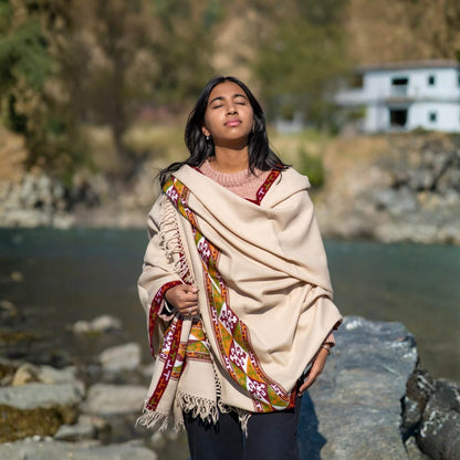 Hand Woven Pure Merino Wool Kullu Shawl - Beige