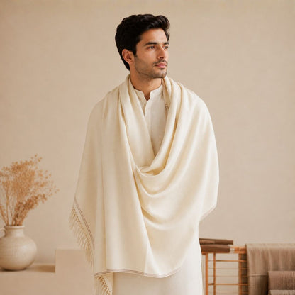 Mens Pure Woolen Kanni Shawl Cream