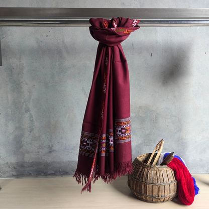 Hand Woven Pure Merino Wool Kullu Stole- Maroon (Extra Border)