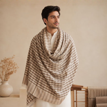 Mens Pashmina + Wool Check Shawl Taupe Grey+ Cream