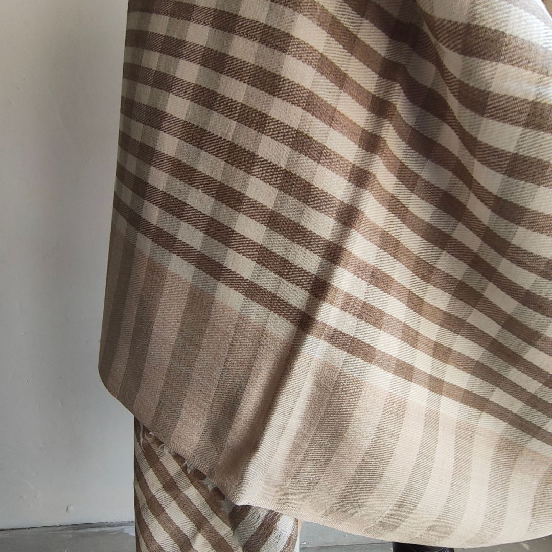 Mens Pashmina + Wool Check Shawl Taupe Grey+ Cream