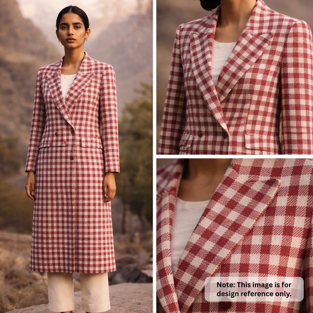 Pure Merino Wool Checkered Twill Fabric - Maroon & Off-White