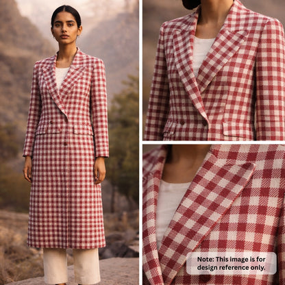Pure Merino Wool Checkered Twill Fabric - Maroon & Off-White