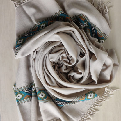 Hand Woven Pure Merino Wool Kullu Shawl-Beige