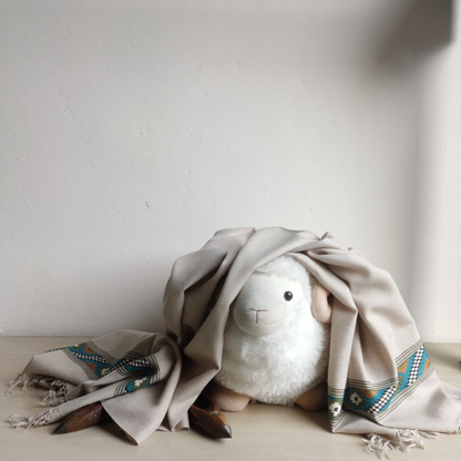 Hand Woven Pure Merino Wool Kullu Shawl-Beige