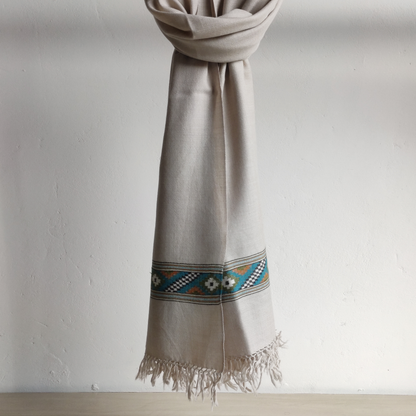 Hand Woven Pure Merino Wool Kullu Shawl-Beige