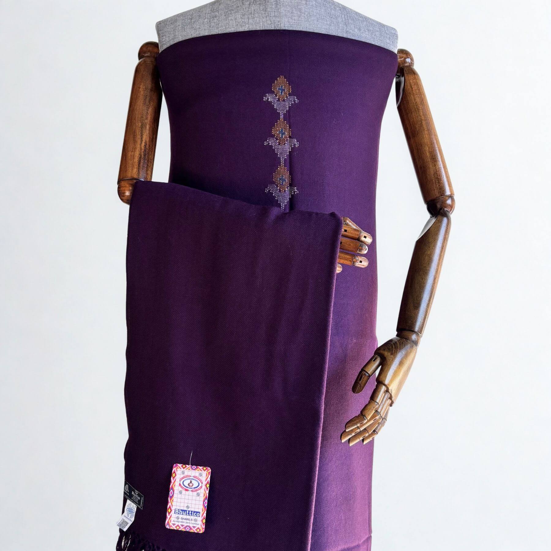 Front view of Bhuttico handwoven plum Merino woolen suit set for women