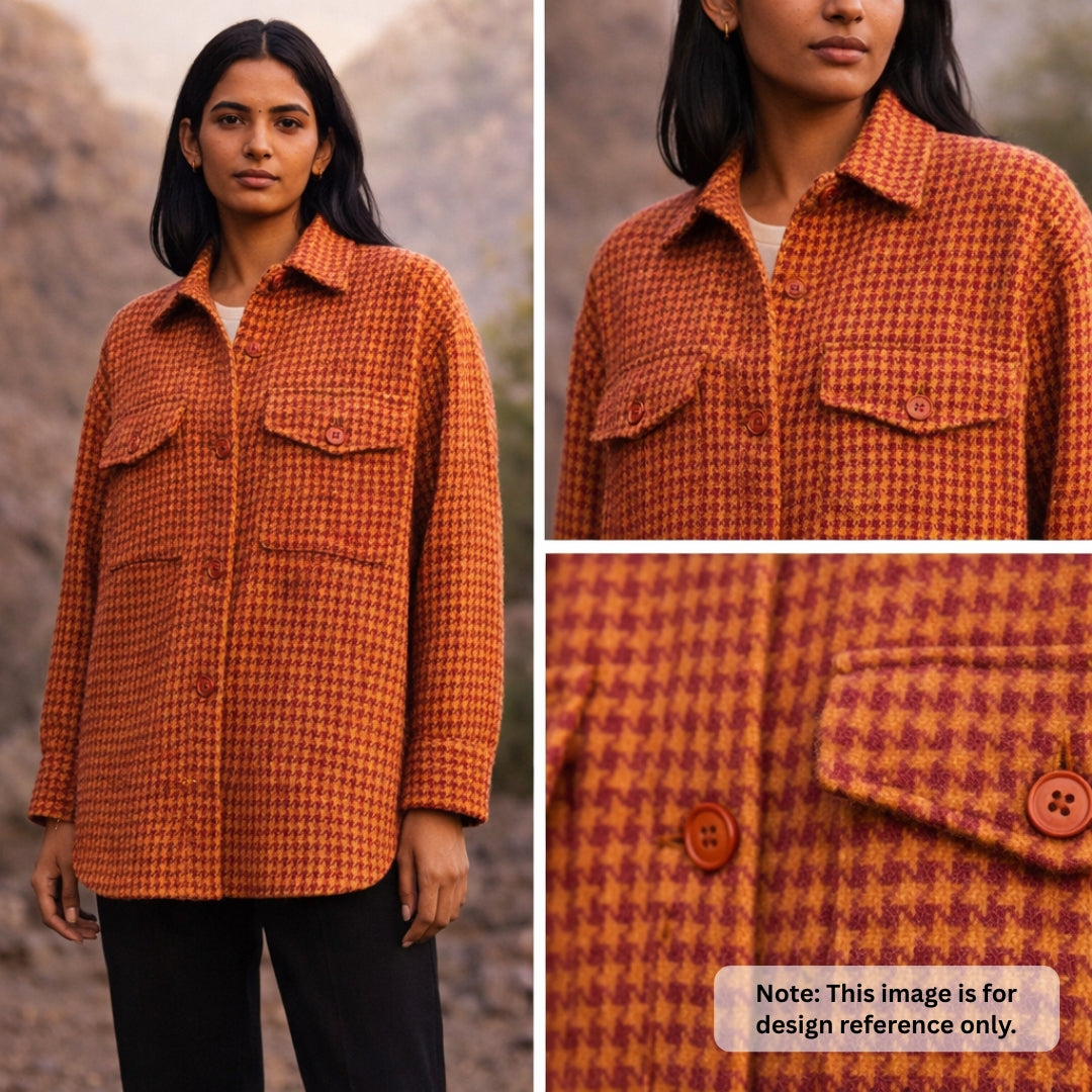 Pure Merino Wool Houndstooth Fabric - Mustard & Maroon