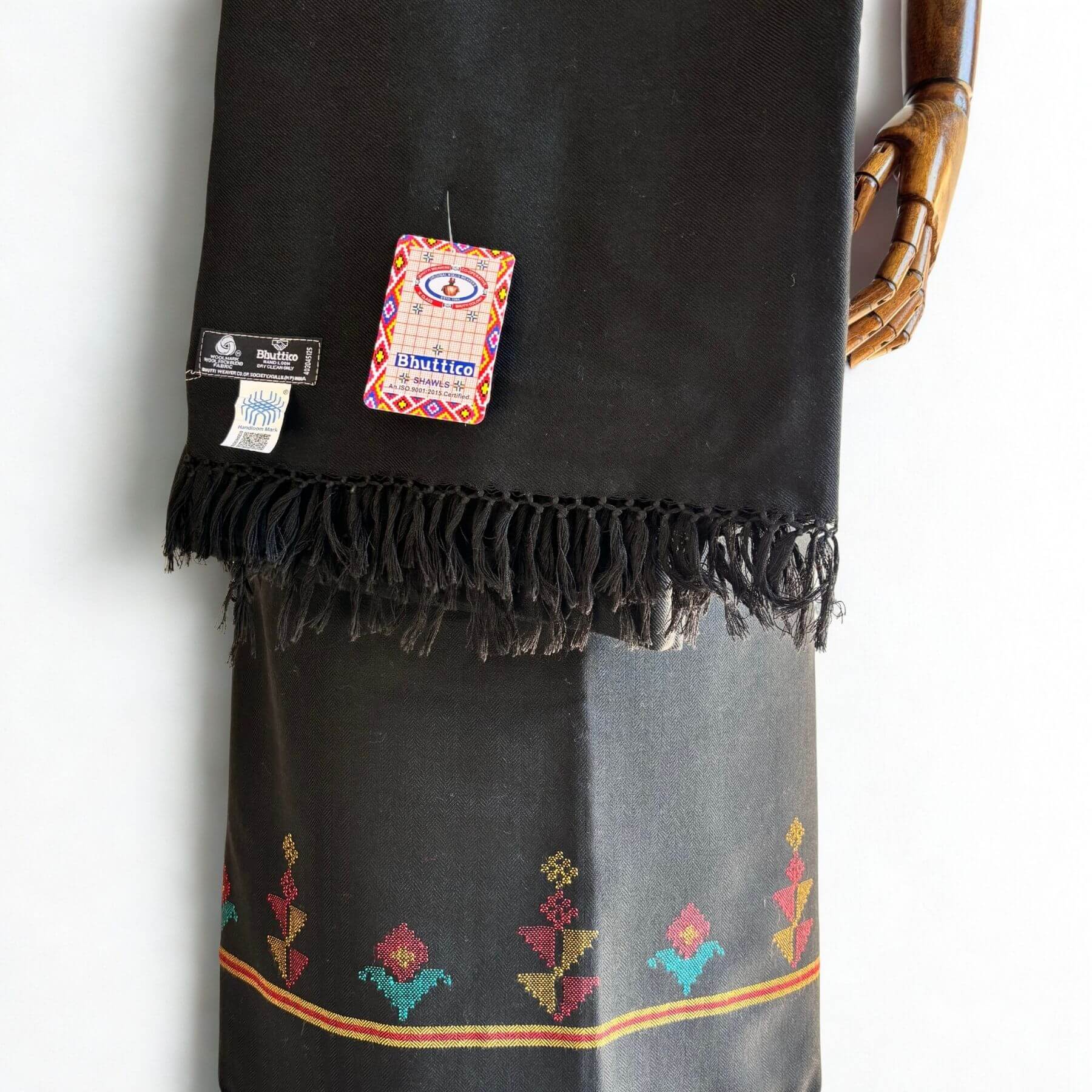 Front view of Bhuttico handwoven black polywool suit set for women