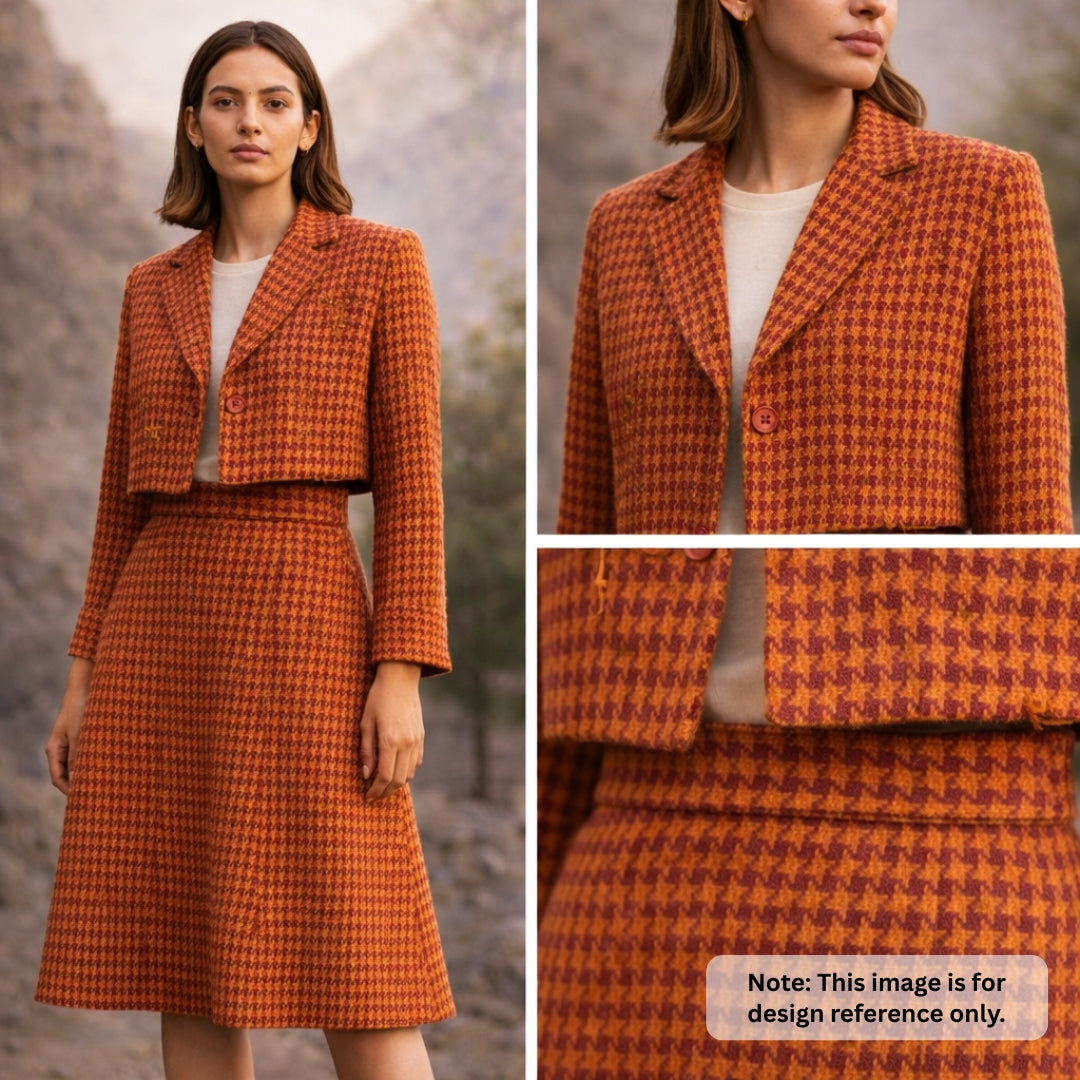 Pure Merino Wool Houndstooth Fabric - Mustard & Maroon