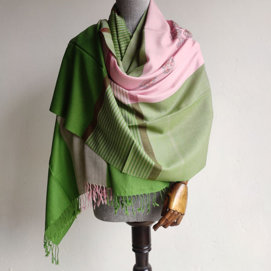 Hand Woven Pure Merino Wool Kullu Shawl- Pink and Green