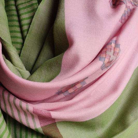 Hand Woven Pure Merino Wool Kullu Shawl- Pink and Green