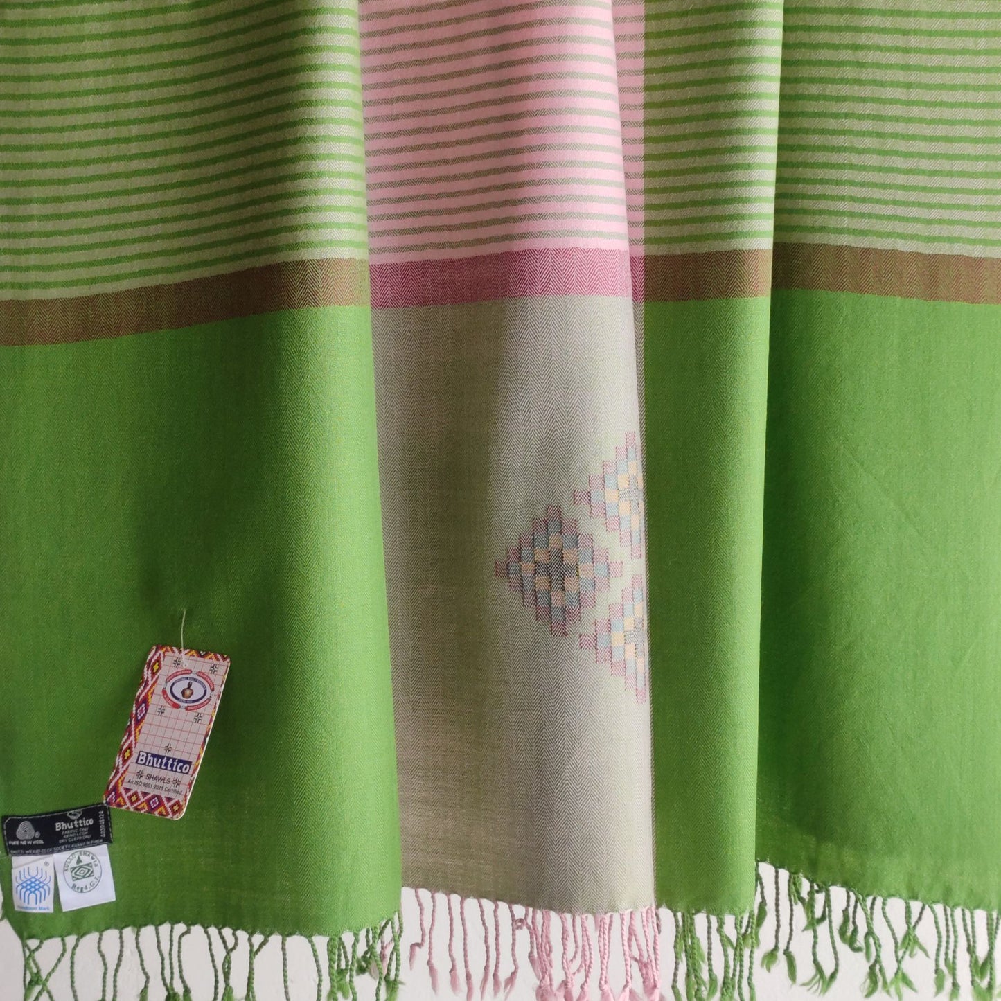 Hand Woven Pure Merino Wool Kullu Shawl- Pink and Green