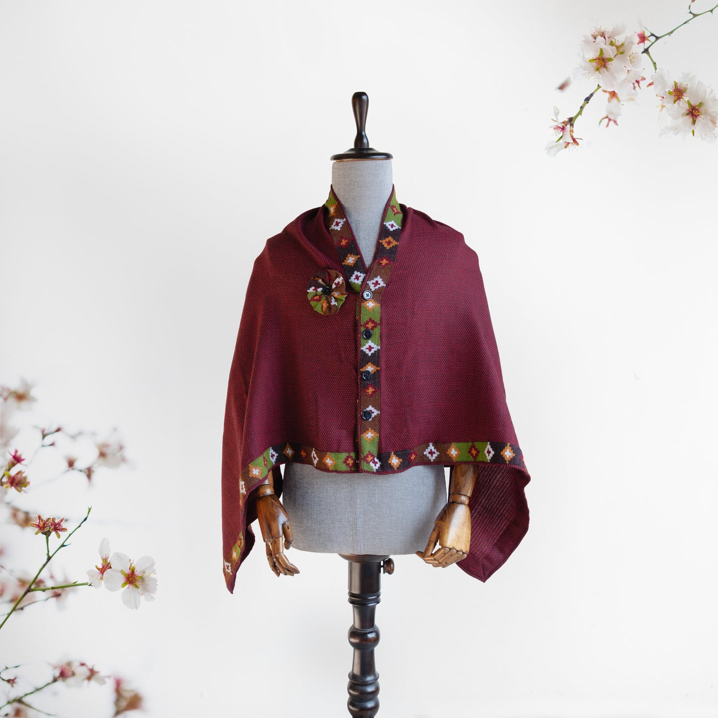 Honeycomb Maroon Woolen Cape for Women With Kullu Patti Border