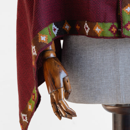 Honeycomb Maroon Woolen Cape for Women With Kullu Patti Border