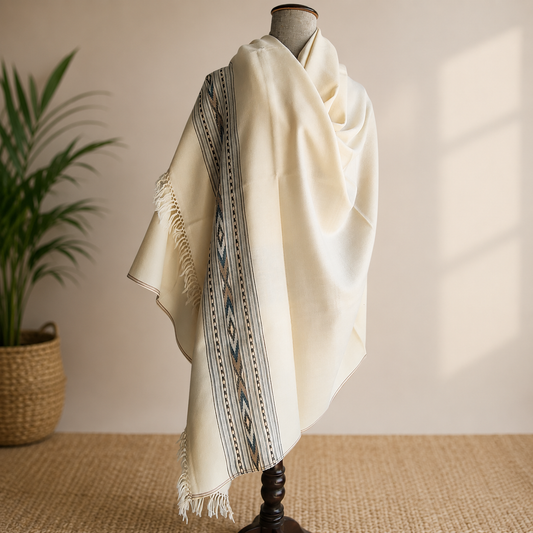 Men's Pure Merino Wool Heritage Border Shawl White