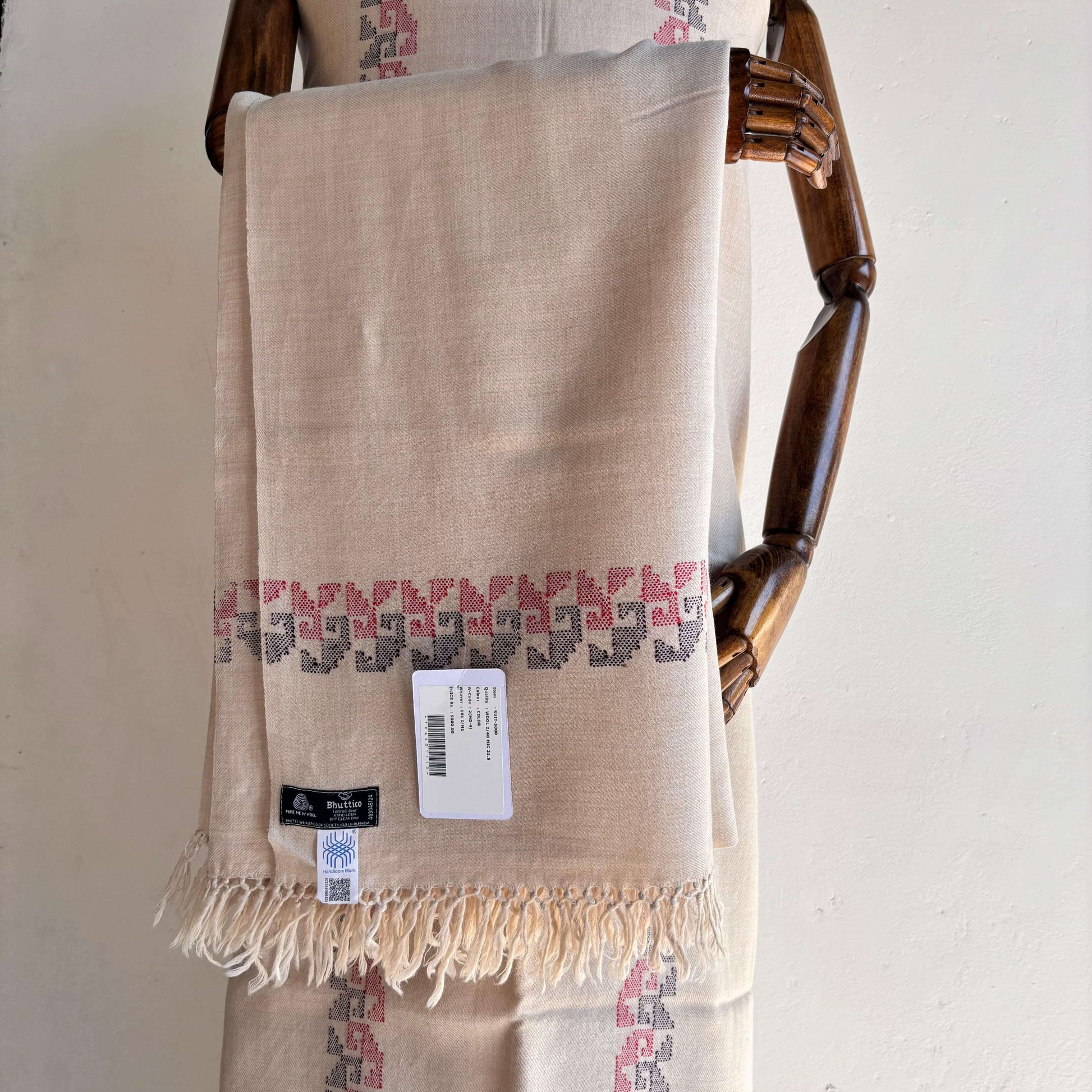 Front view of Bhuttico handwoven beige Merino woolen suit set for women