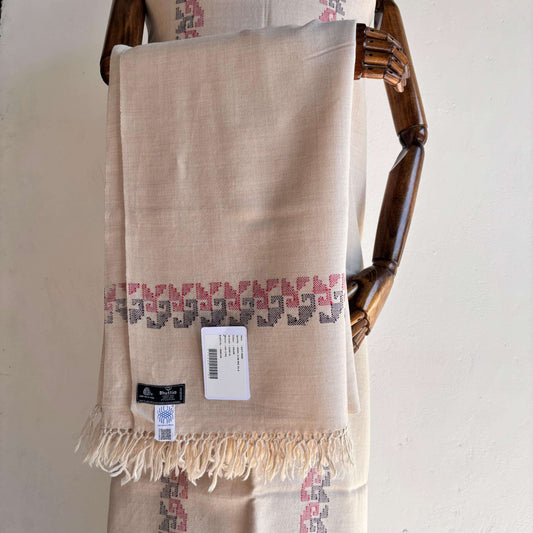 Front view of Bhuttico handwoven beige Merino woolen suit set for women