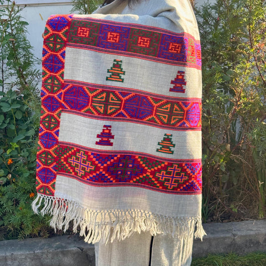 Authentic Kinnauri Hand-Woven Pure Merino Wool Shawl- Grey