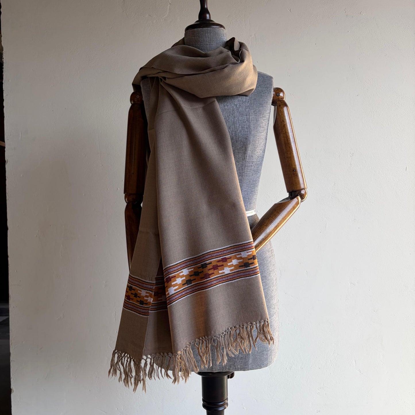 Hand Woven Polywool Kullu Stole (Taupe colour)