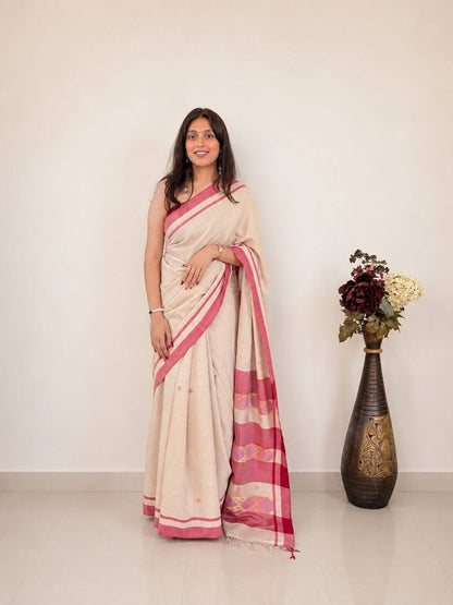 Handwoven cream and pink merino wool saree - full drape view