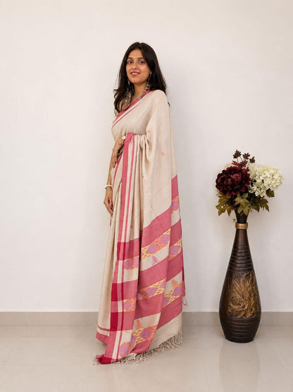 Handwoven cream and pink merino wool saree - close-up weave texture