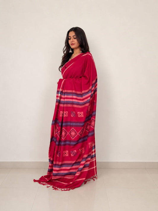 Handwoven pinkish-red merino wool saree - full drape view