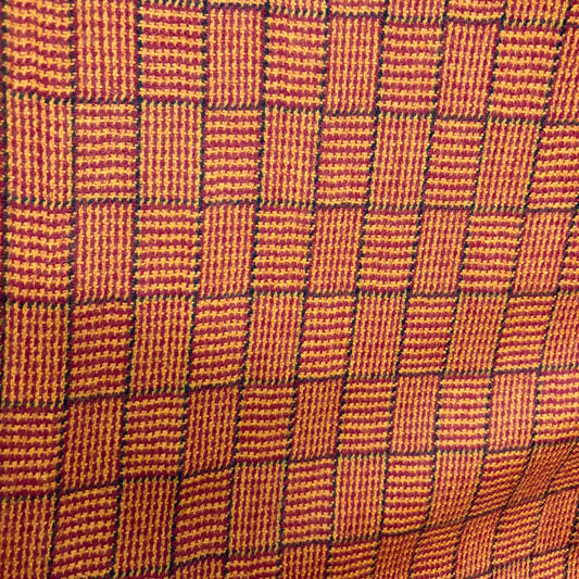 Pure Merino Wool Basket Weave Check Fabric - Mustard & Maroon
