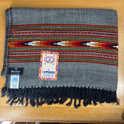 Hand Woven Nylon + Wool Kullu Stole- Black + White