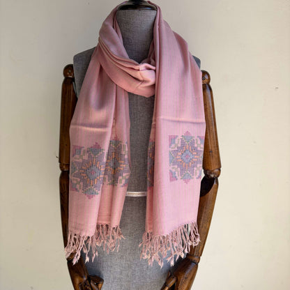 Hand Woven Pure Merino Wool Kullu Stole- Rose Pink