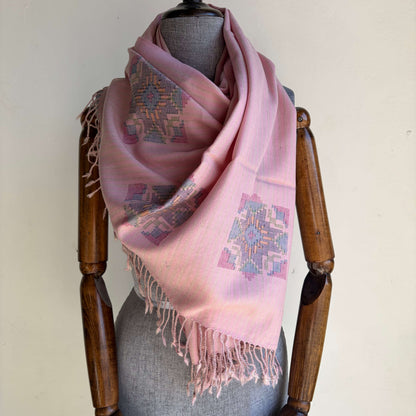 Hand Woven Pure Merino Wool Kullu Stole- Rose Pink